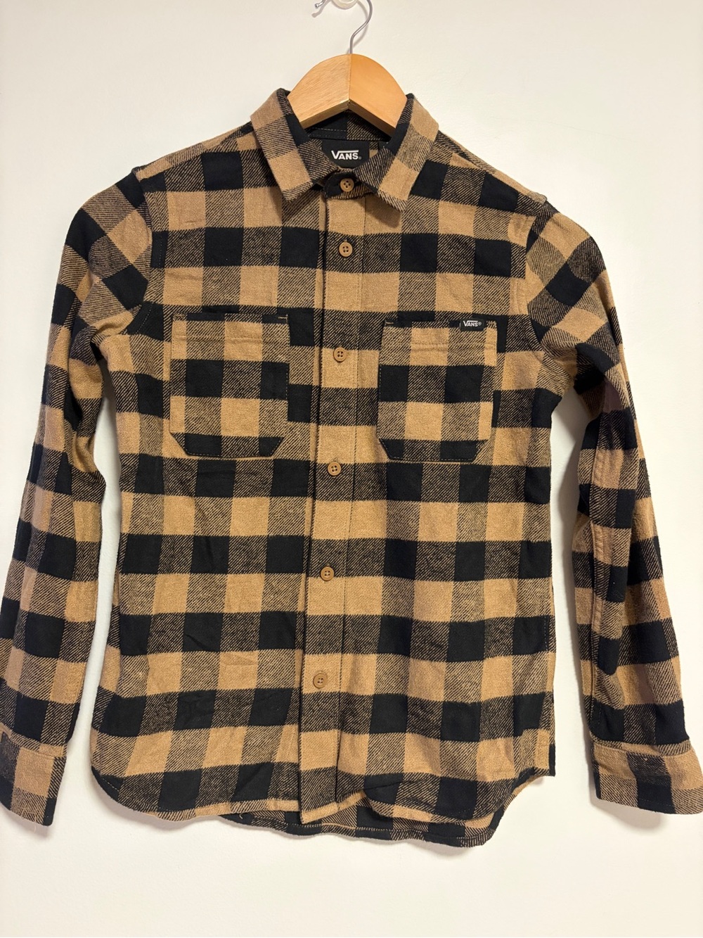 Vans Plaid Flannel Shirt Jacket Black Tan 100% Cotton Size S
